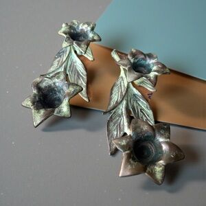 Vintage Floral Double Taper Candle Holder Candelabra Verdigris Green